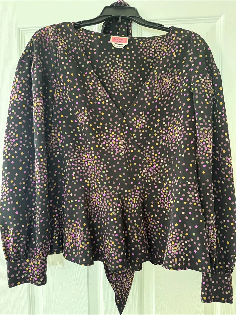 kate spade Disco Dot Wrap top Black Multicolor Dot V-Neck Peplum w/belt